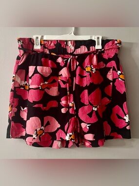 Who What Wear Pink and Black Floral Linen-Blend Shorts